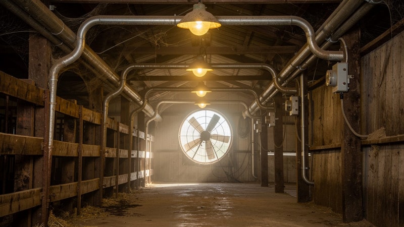 Dusty livestock barn interior with conduit and junction boxes