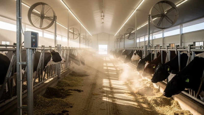 Alberta livestock barn with ventilation fans and air quality sensors