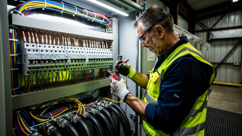 Master electrician wiring industrial motor control centre in Alberta