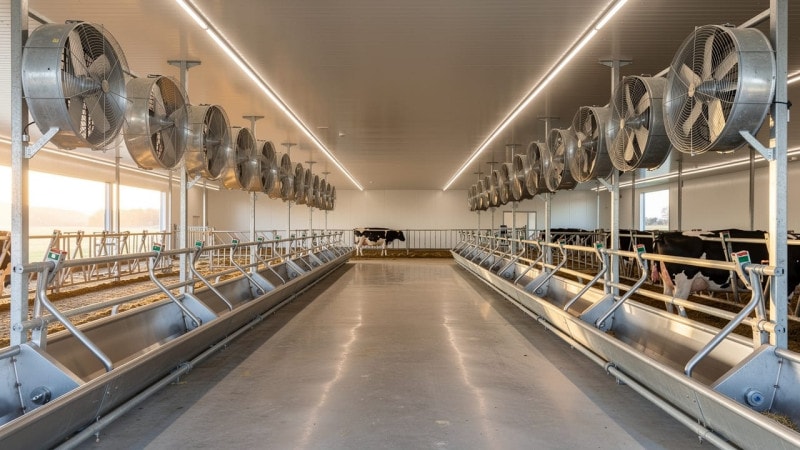Interior of a modern livestock barn with ventilation and LED lighting