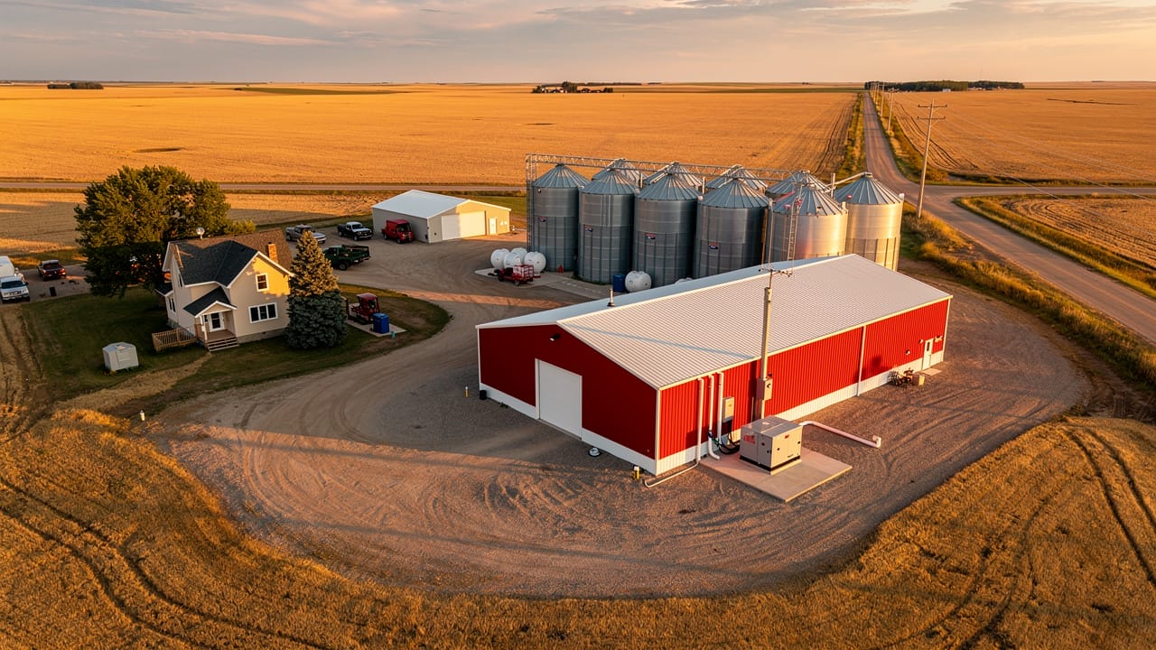Aerial view of Northeast Alberta farmstead with backup power infrastructure