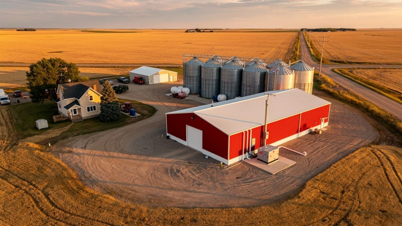 Aerial view of Northeast Alberta farmstead with backup power infrastructure
