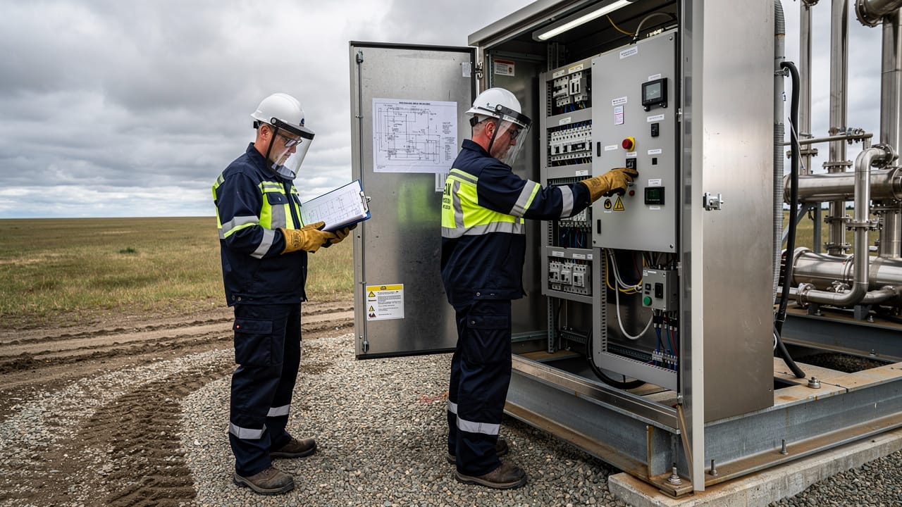 Electricians commissioning switchgear at remote oil and gas compressor station in Alberta