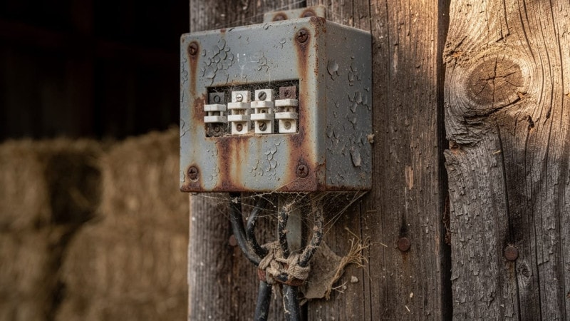 Aging farm fuse box showing signs of electrical wear