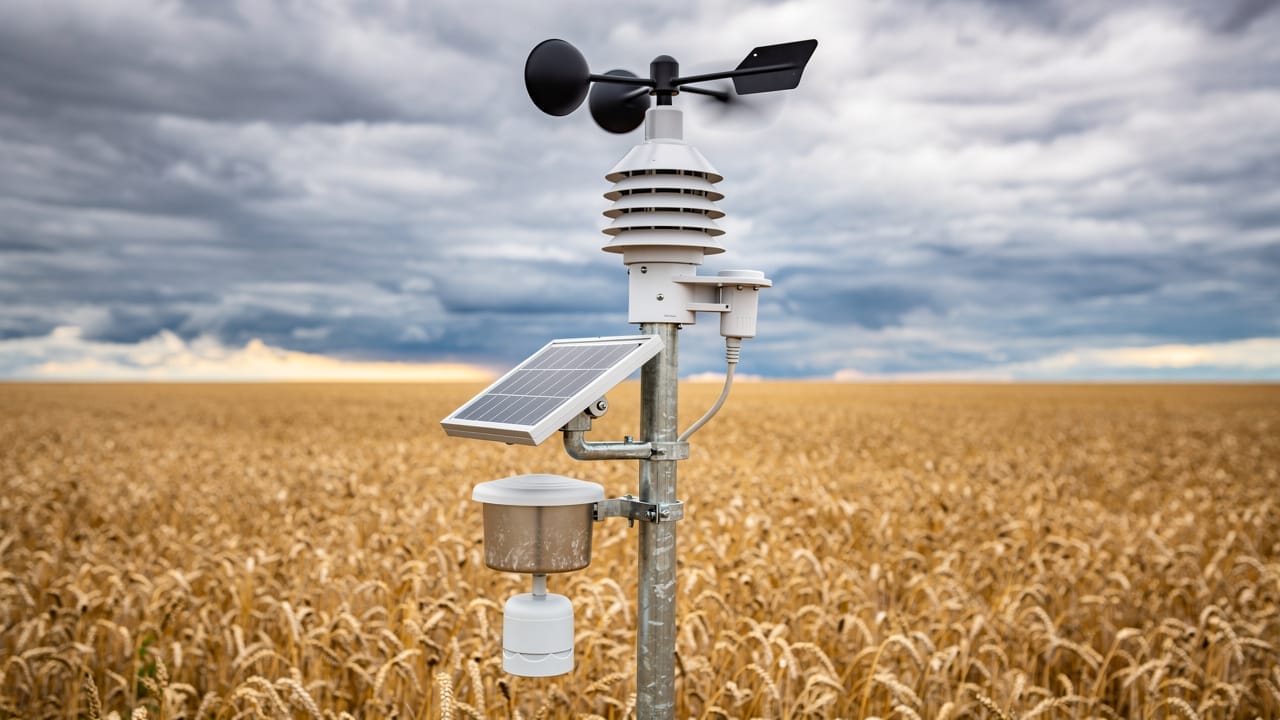 Professional weather monitoring station installed in Alberta wheat field