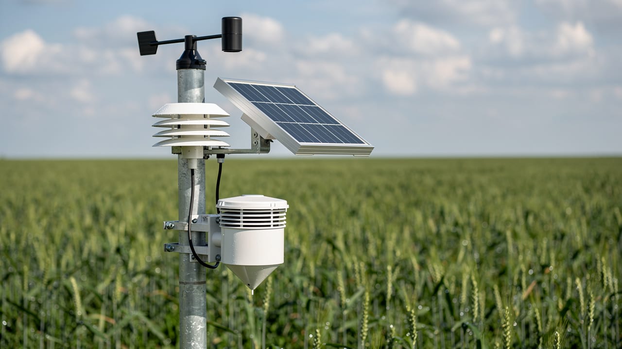 Professional weather station mounted in Prairie wheat field