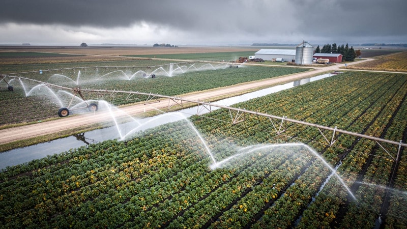 Overhead sprinkler irrigation protecting potato crops from frost