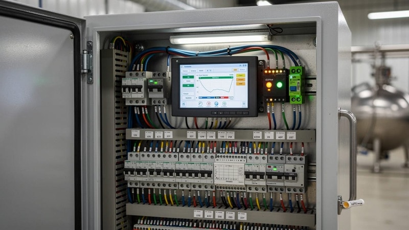 Industrial PLC control panel inside an agricultural facility