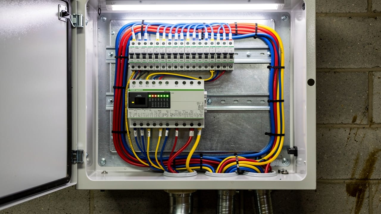 PLC control panel inside agricultural electrical enclosure