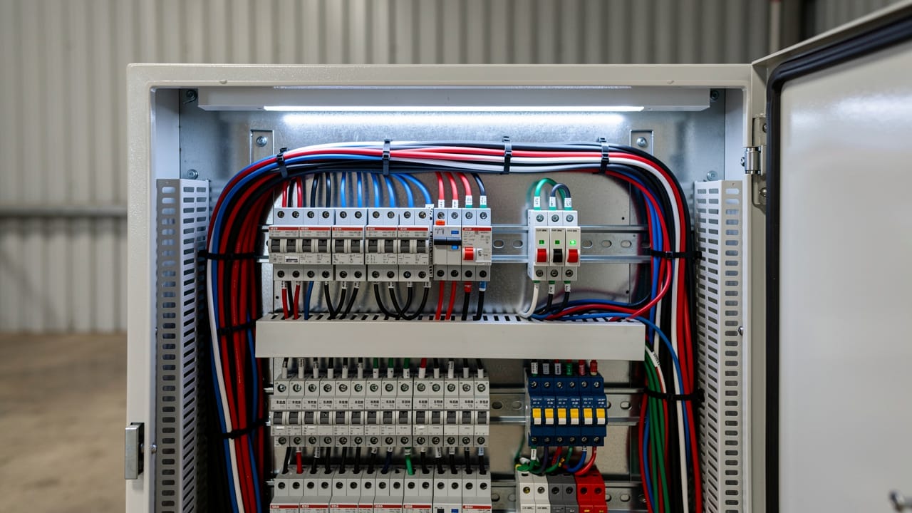 Industrial PLC control panel with organized wiring for grain handling
