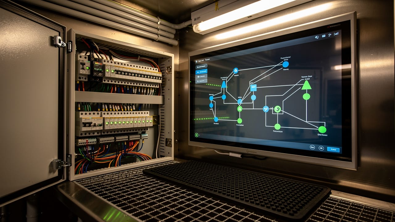 PLC and HMI control panel inside a grain handling facility
