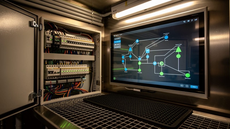 PLC and HMI control panel inside a grain handling facility