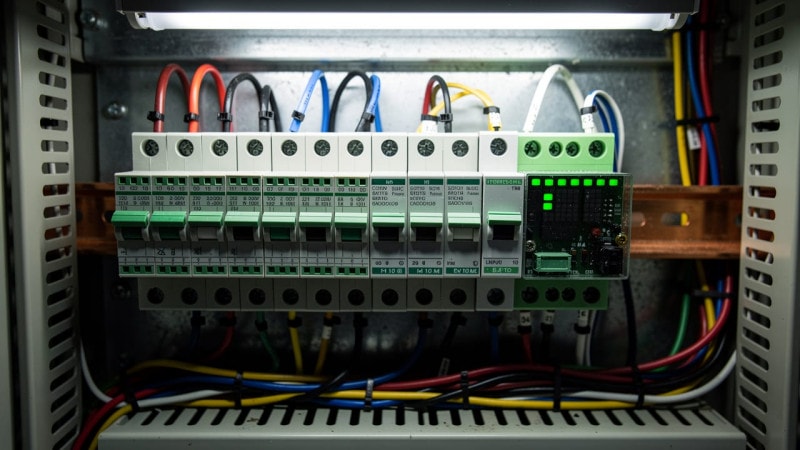 Inside view of a grain elevator PLC panel with I/O cards