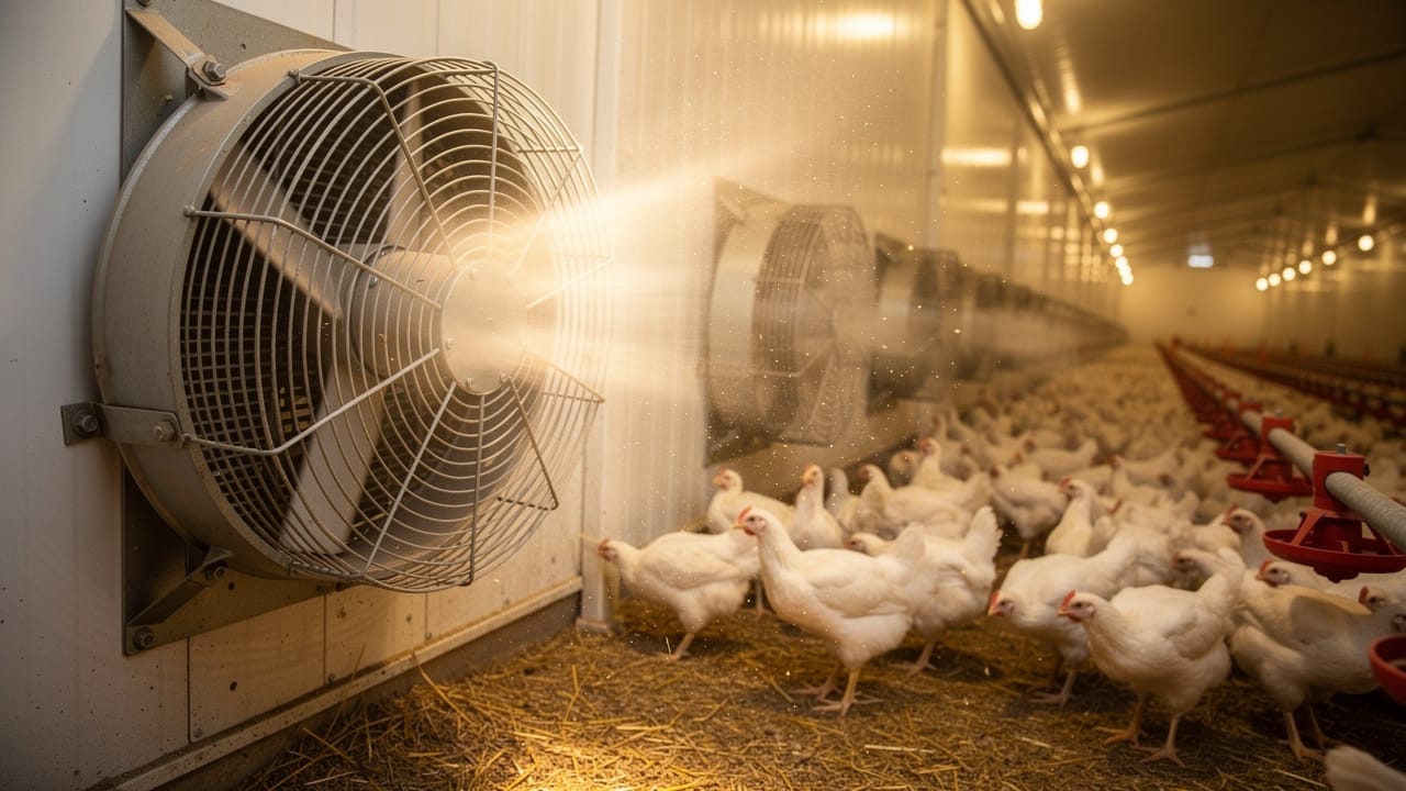 Ventilation fans inside a commercial poultry barn