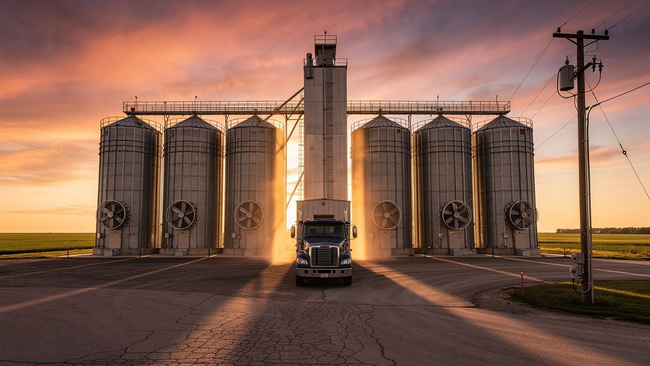 Large Prairie grain handling operation with bins at sunset