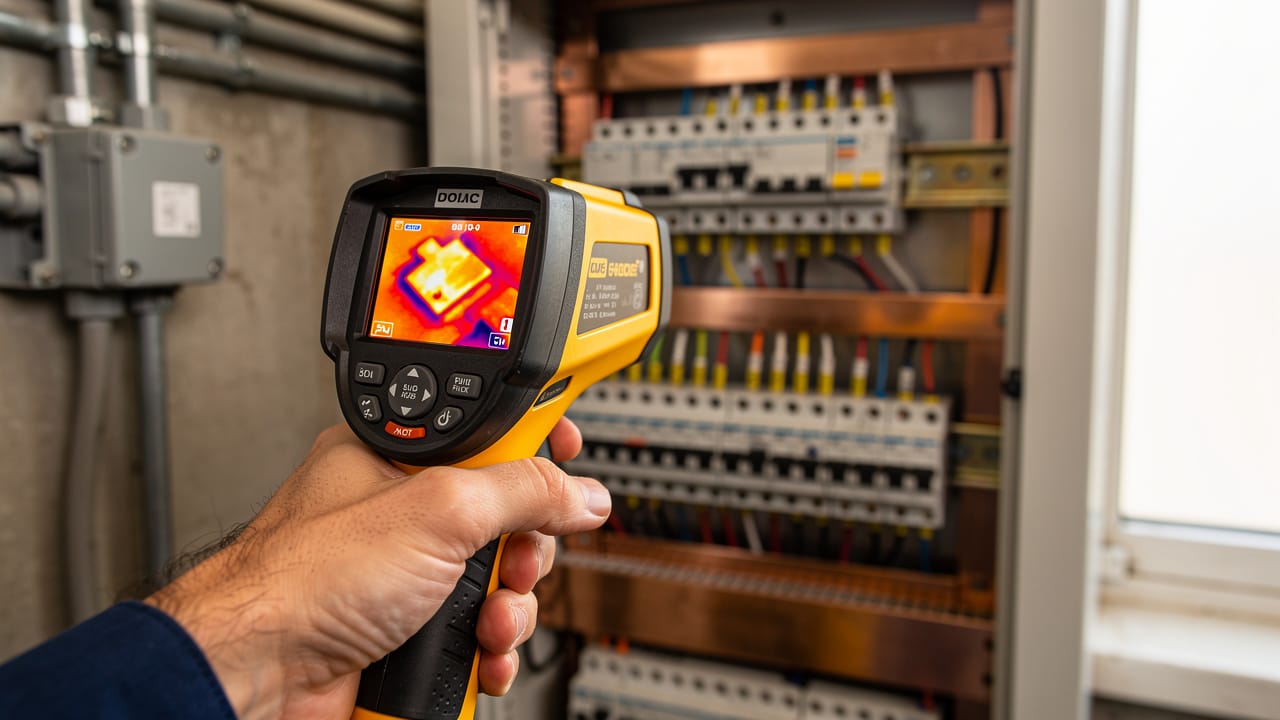 Electrician using thermal imaging camera to find hotspot in electrical panel