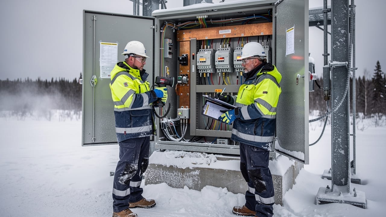 Electricians performing preventive maintenance on remote Alberta switchgear