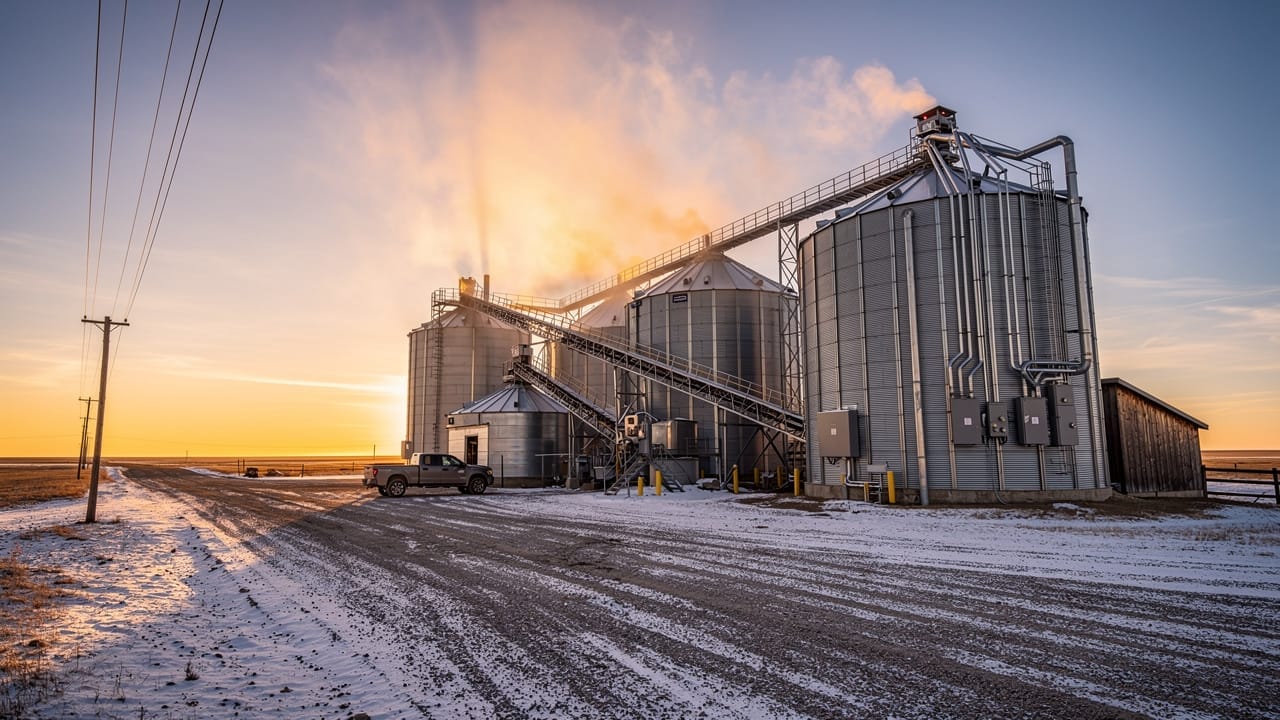 Remote Alberta agricultural facility with electrical infrastructure at dusk