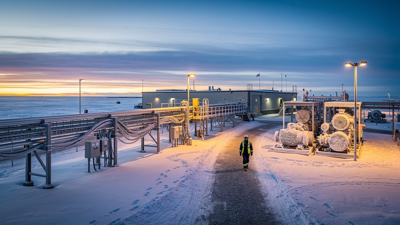 Remote Alberta oilfield facility with industrial electrical infrastructure