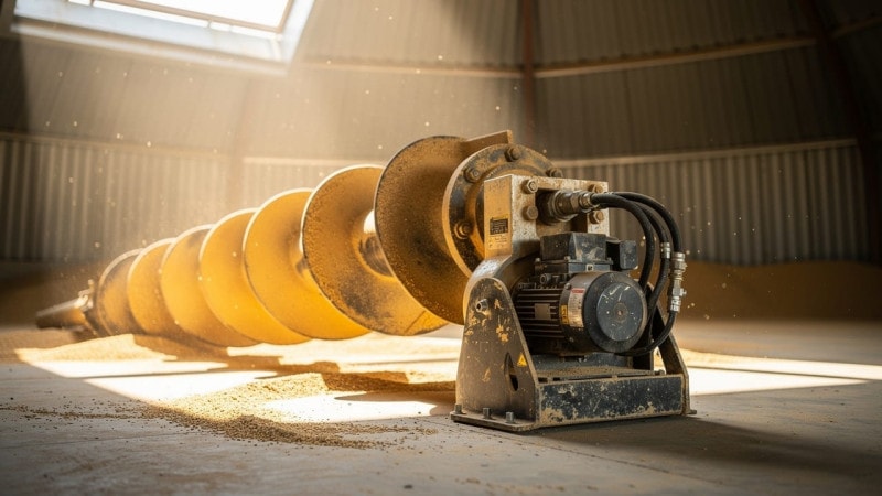 Remote-operated sweep auger on grain bin floor for safe clean-out