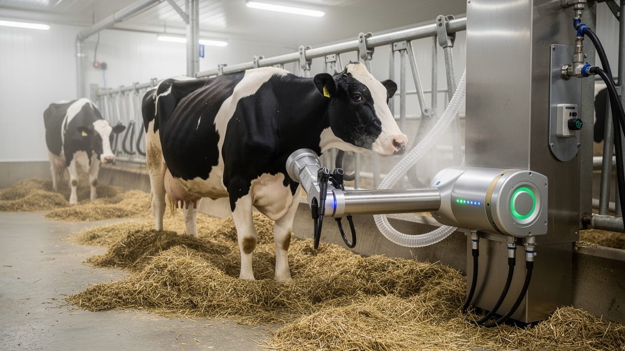 Robotic milking arm with Holstein cow in automated dairy barn