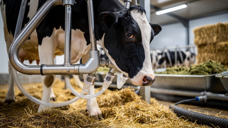 Robotic milking machine with Holstein cow in modern barn