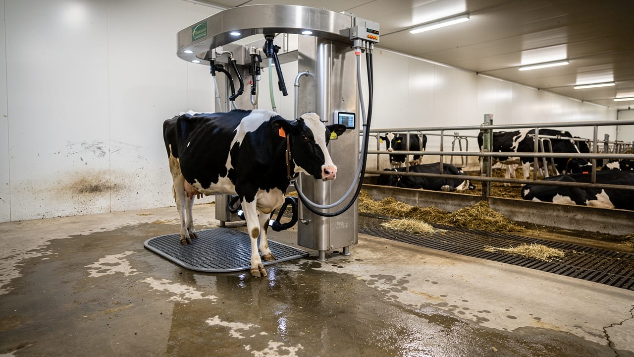 Robotic milking station with Holstein cow in modern dairy barn