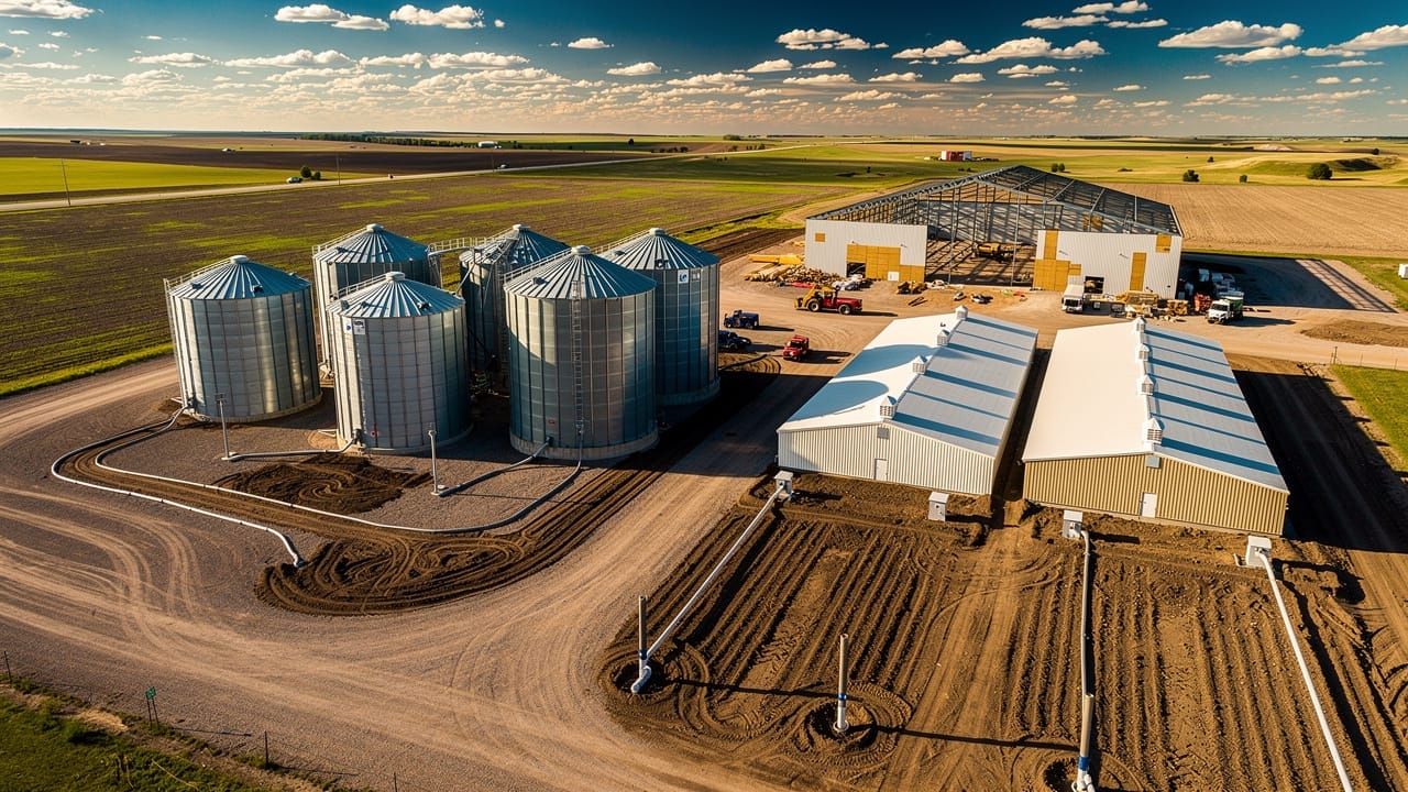 Aerial view of expanding Alberta farm yard with conduit infrastructure