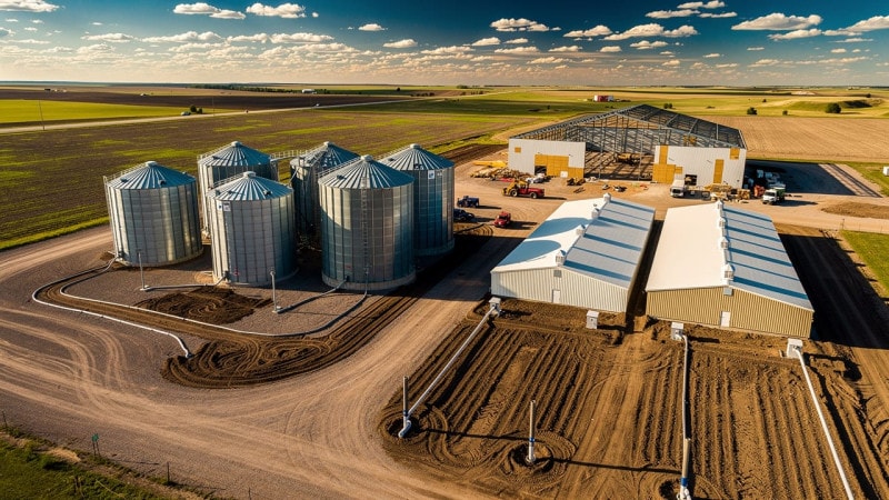 Aerial view of expanding Alberta farm yard with conduit infrastructure