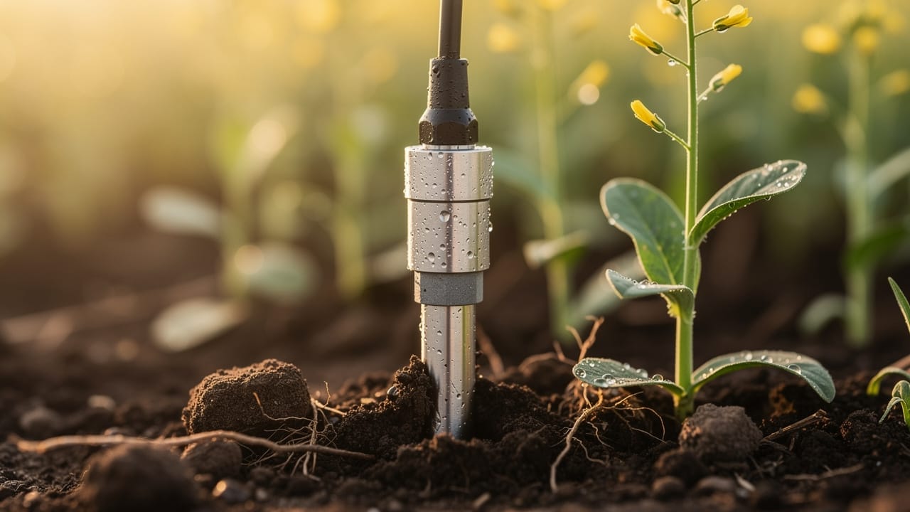 Soil moisture sensor probe in farm field near seedlings