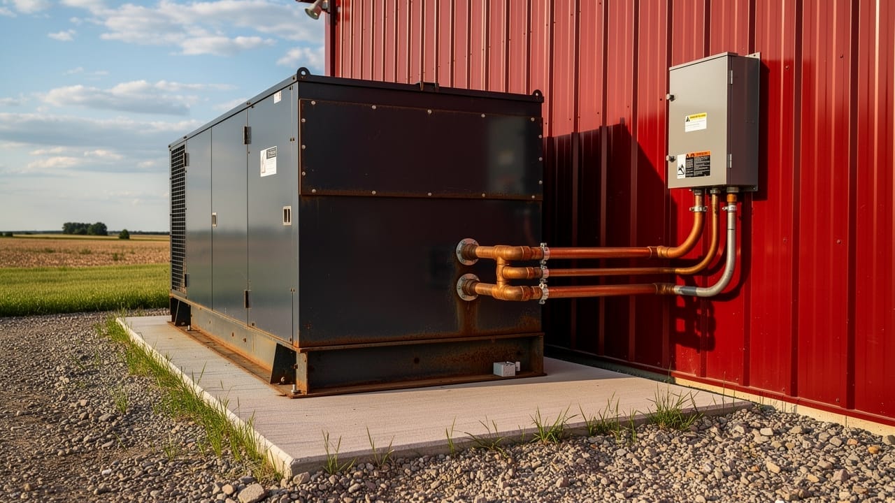 Standby generator on concrete pad beside farm building