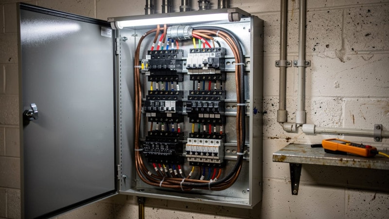 Three-phase electrical service panel inside Alberta dairy milk house
