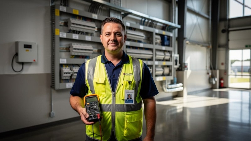 Master electrician standing beside newly installed commercial electrical service entrance