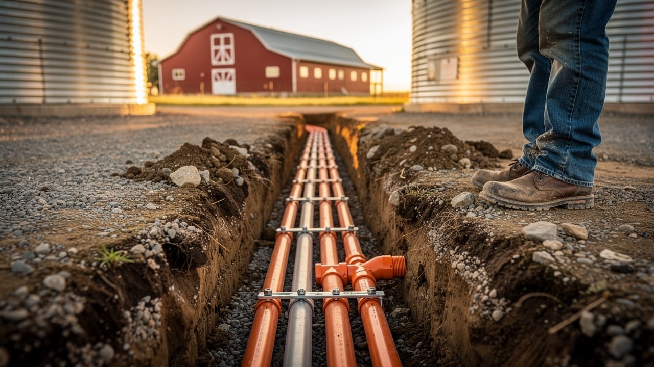 Underground electrical conduit trench between farm buildings