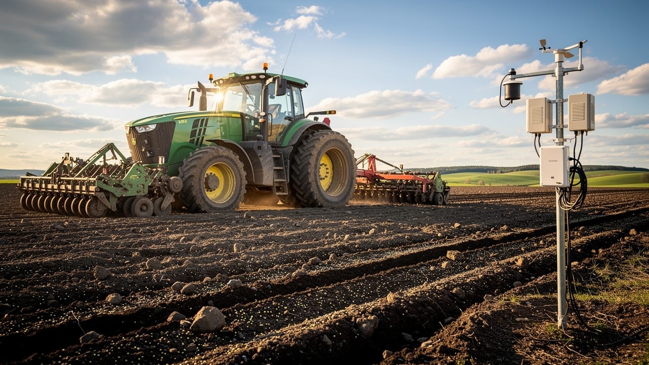 Variable rate seeder on Canadian field with weather station