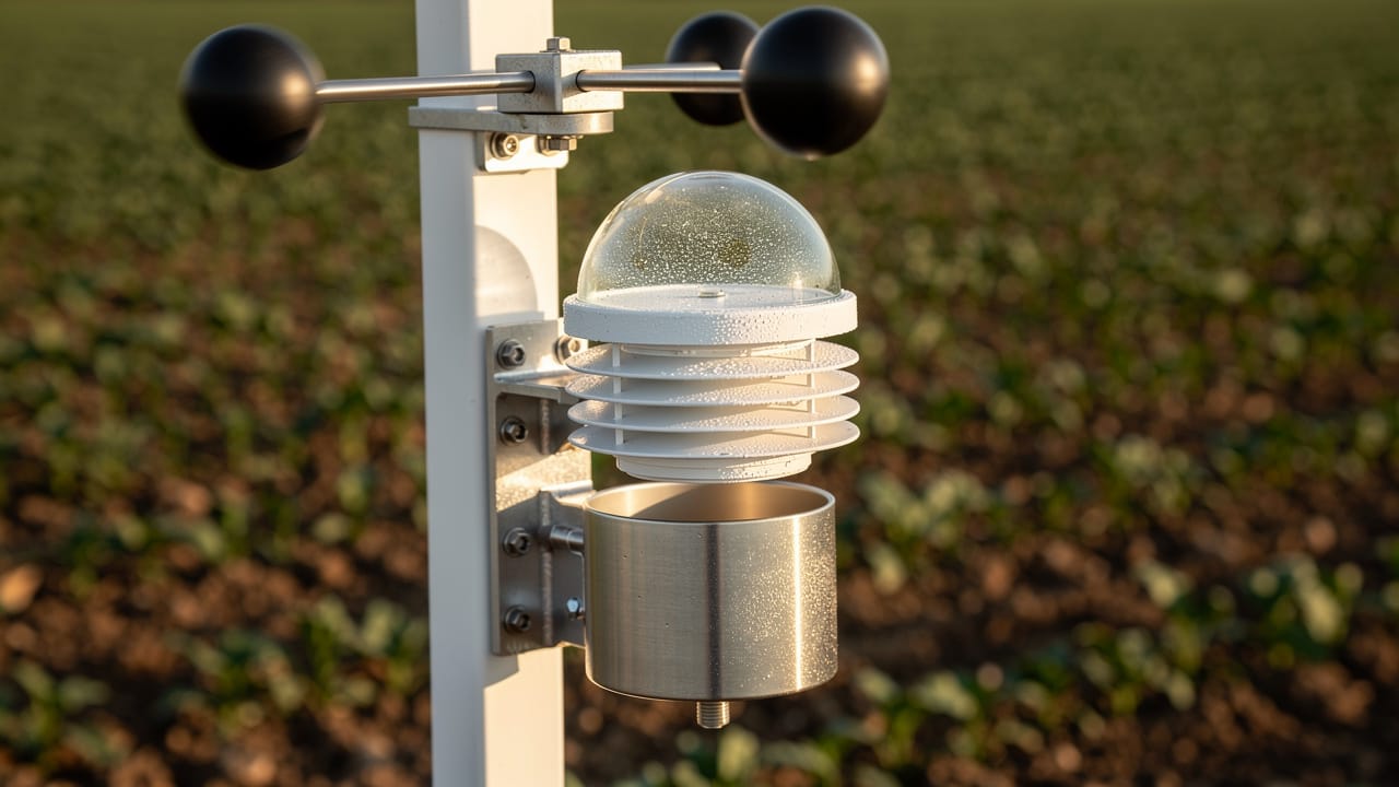 Close-up of weather station sensors including anemometer and rain gauge