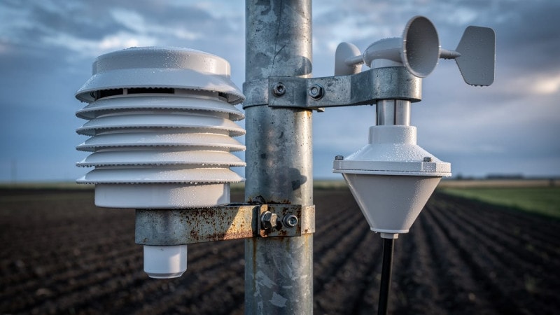 Close-up of farm weather station sensors on steel pole