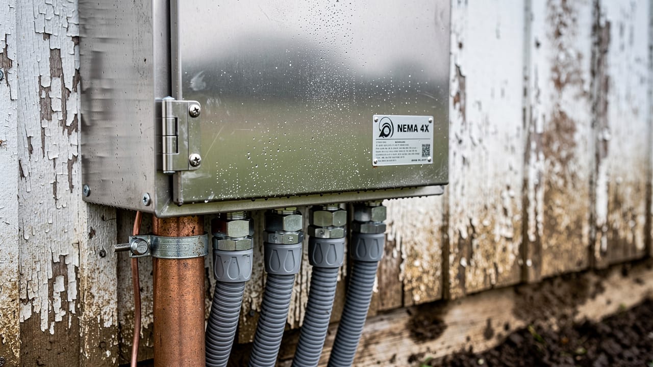 Weatherproof electrical enclosure on livestock barn exterior wall