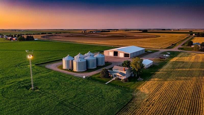 Aerial view of Western Canadian farm operation at dusk with weather station