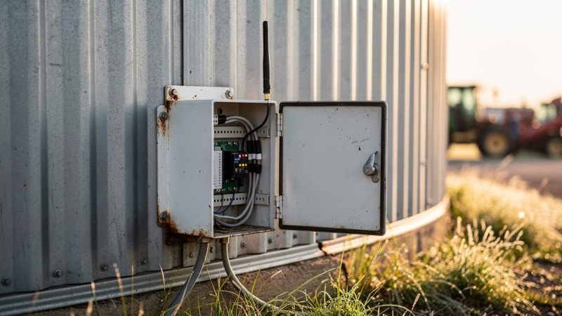 Remote sensor board mounted on exterior of grain bin