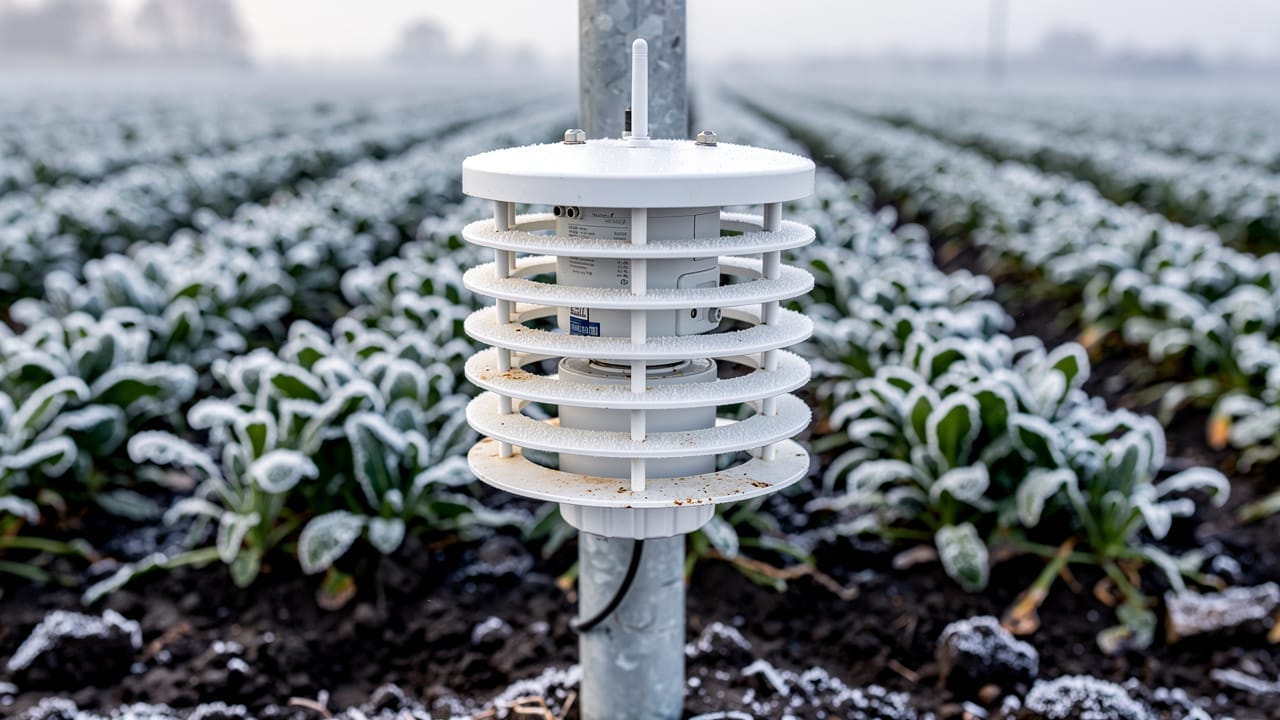 Agricultural temperature sensor in radiation shield mounted in frost-covered crop field